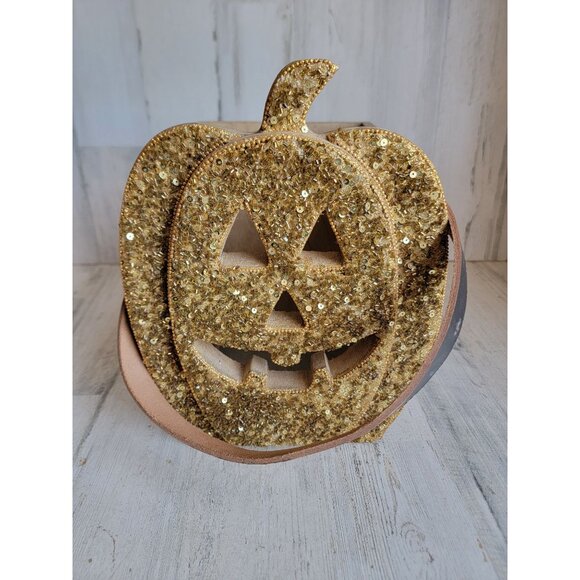 Unique sequin pumpkin bucket trick or treat Halloween wooden decor vintage - Picture 10 of 12